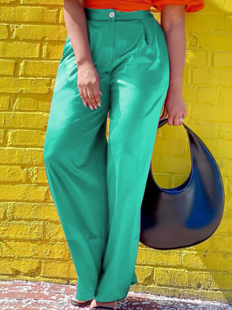 High Waist Pants Plus Size 3XL 4XL Elastic Wide Leg Rose Green Loose Capris for Ladies Office Evening Party Summer Trousers New