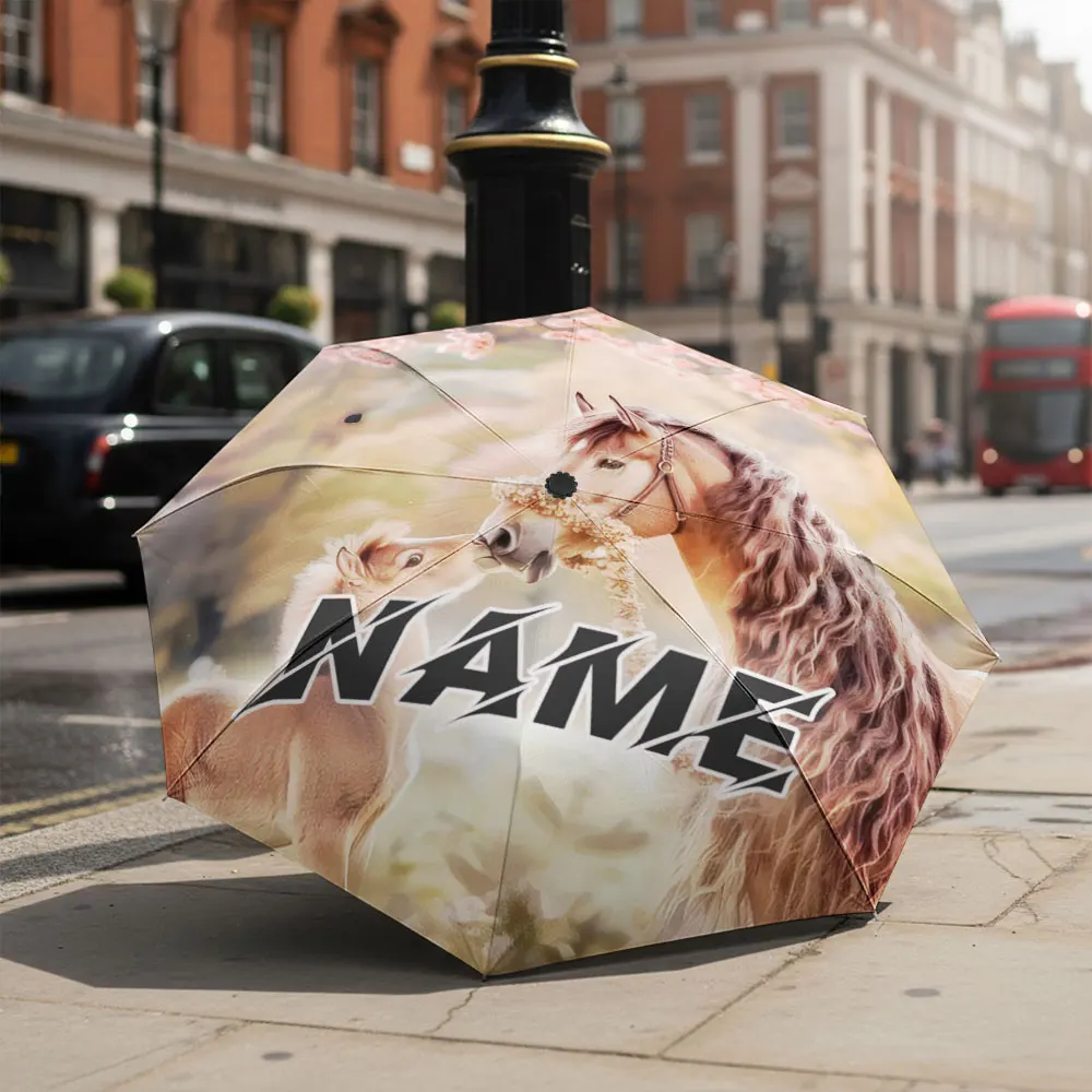 Custom Name umbrella, Majestic Horses in Blossom Forest Umbrella Fashion Folding Umbrella for Daily Use, Christmas Gift