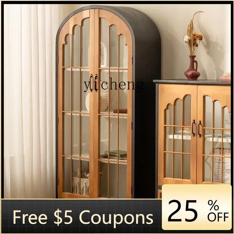 

A1 retro bookcase solid wood floor-to-ceiling wi wind bookshelf glass display cinet with door dust-proof wall