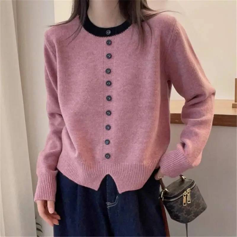 Casual Korean Fashion Buttons Solid Color Knitting O-neck Long Sleeve Youth Lively Bright Easy Close to the People Wild Generous