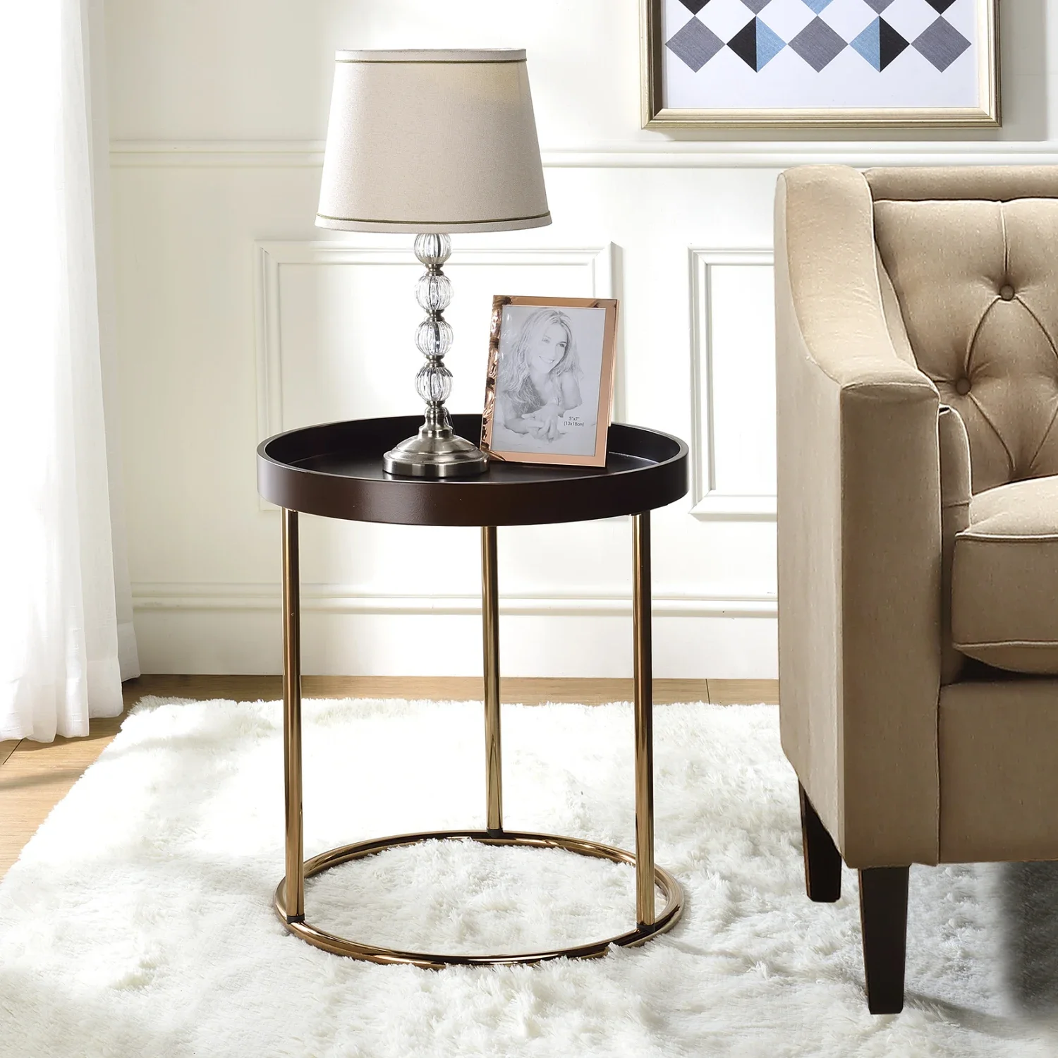 

Espresso Genoa Round Tray Table with Sturdy Metal Frame for Stylish Living Room Decor and Versatile Use