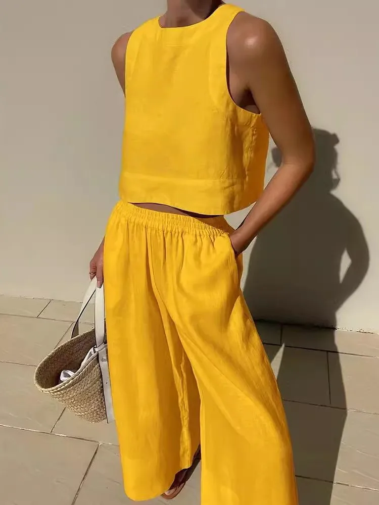 Fashion Solid Color Two Piece Set Women Casual Sleeveless Cropped Top And Loose Wide Leg Pants Sets Female Simple Style Suits