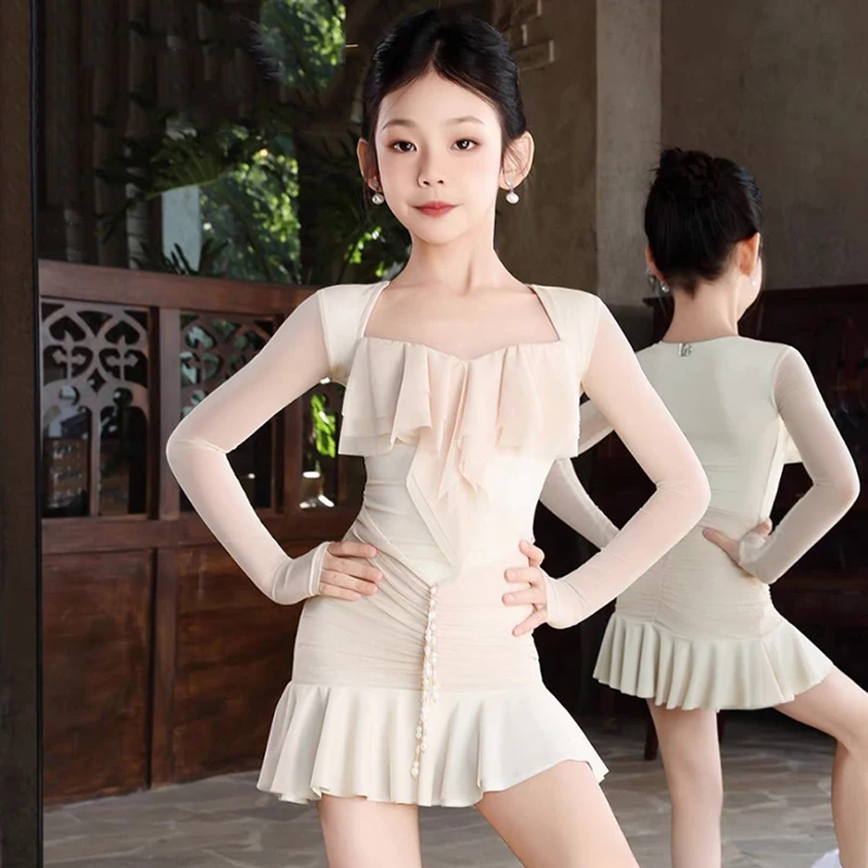 2026 Latin Dance Dress For Girls Long Sleeved Practice Clothes Samba Chacha Tango Kids Latin Performance Stage Dress DQS21796