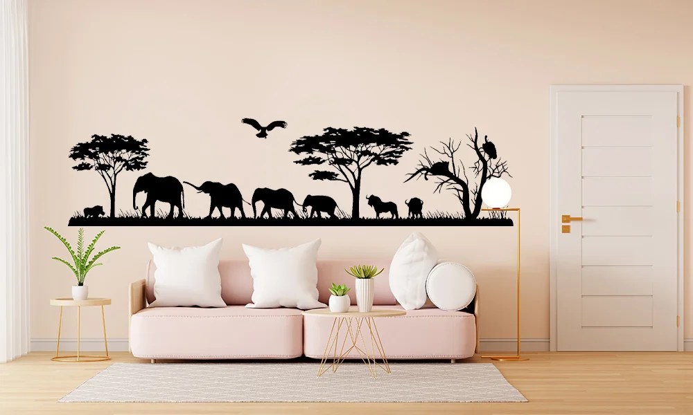 Large Size Safari Wild Animals Wall Decal Jungle Wall Decal African Elephants Vinyl Sticker Bedroom Nursery Animal Decor 3114