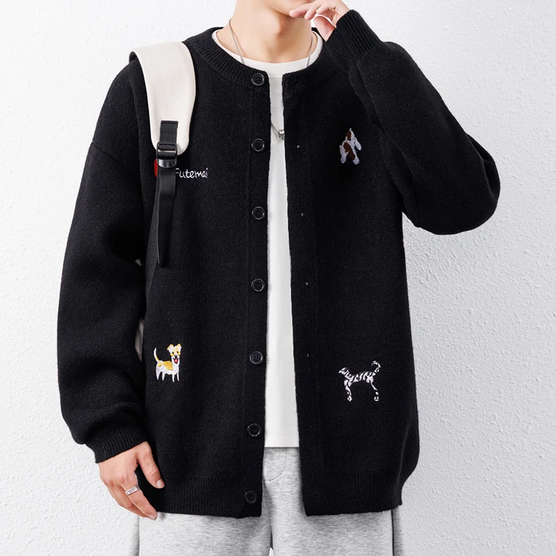 Hochwertige Herbst-Winter-Strickjacke, neue Mode, Herren-Rundhals-Luxusmarke, Cartoon-Stickerei, koreanischer lässiger Pullover-Mantel – Detail 4