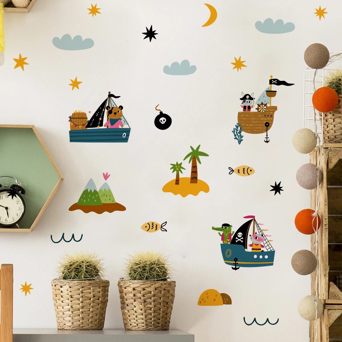 

Cartoon Animals Pirate Ship Stars Wall Sticker Nursery Child Room Boys Room Kids Room Wall Art Decal Bedroom Living Home Decor