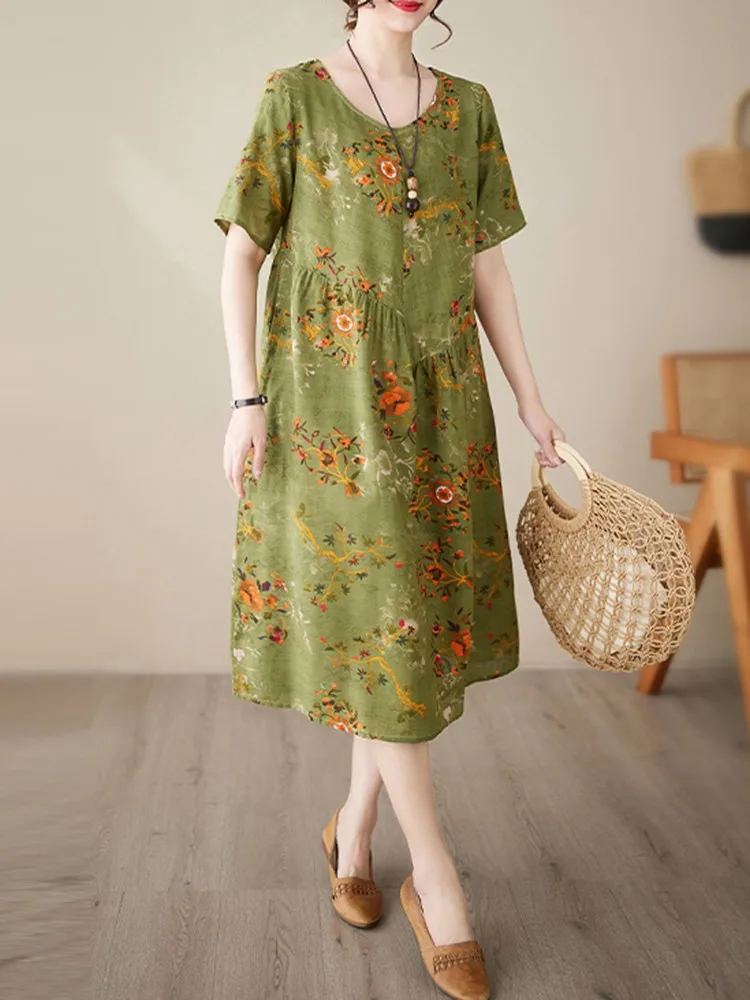 Women Casual Long Dress New 2023 Summer Vintage Style O-neck Floral Print Loose Cotton Female Elegant A-line Dresses B2541