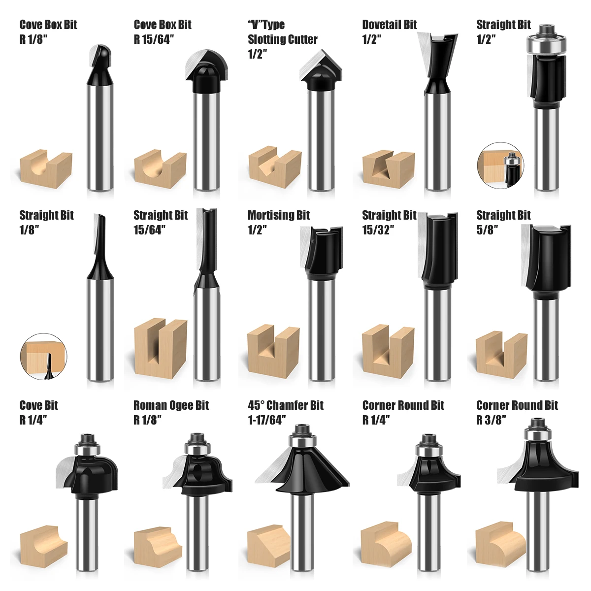 15pcs 8mm Shank Router Bit Set Trimming Straight Milling Cutter for Wood Bits Tungsten Carbide Cutting Woodworking