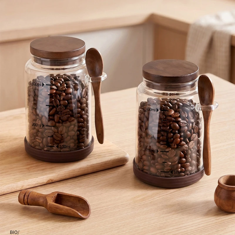 Vintage Walnut Cover Glass Coffee Bean Sealed Jar Scented Tea Spice Storage Jar Moisture-proof Transparent Packaging Jar