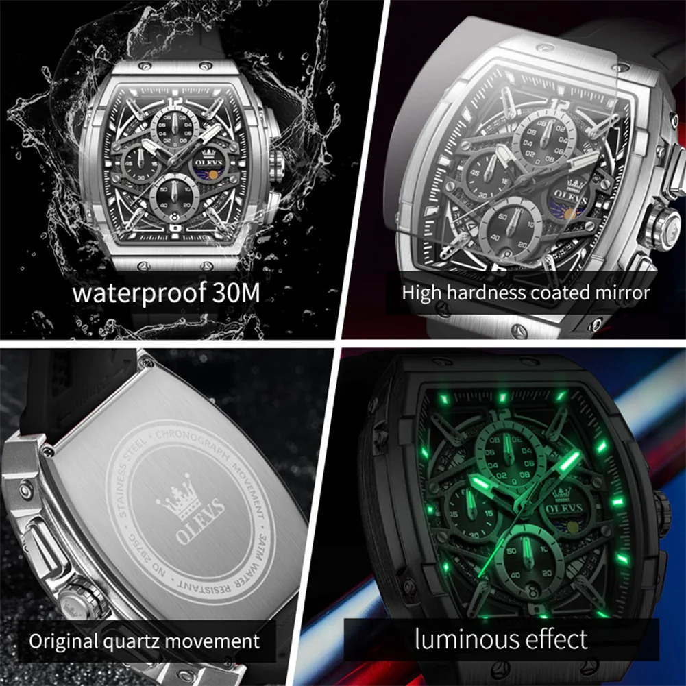 Orologio da uomo OLEVS di alta qualità ﻿ Orologio da polso con quadrante cronografo multifunzionale, fasi lunari luminose, data, orologi da uomo, regalo