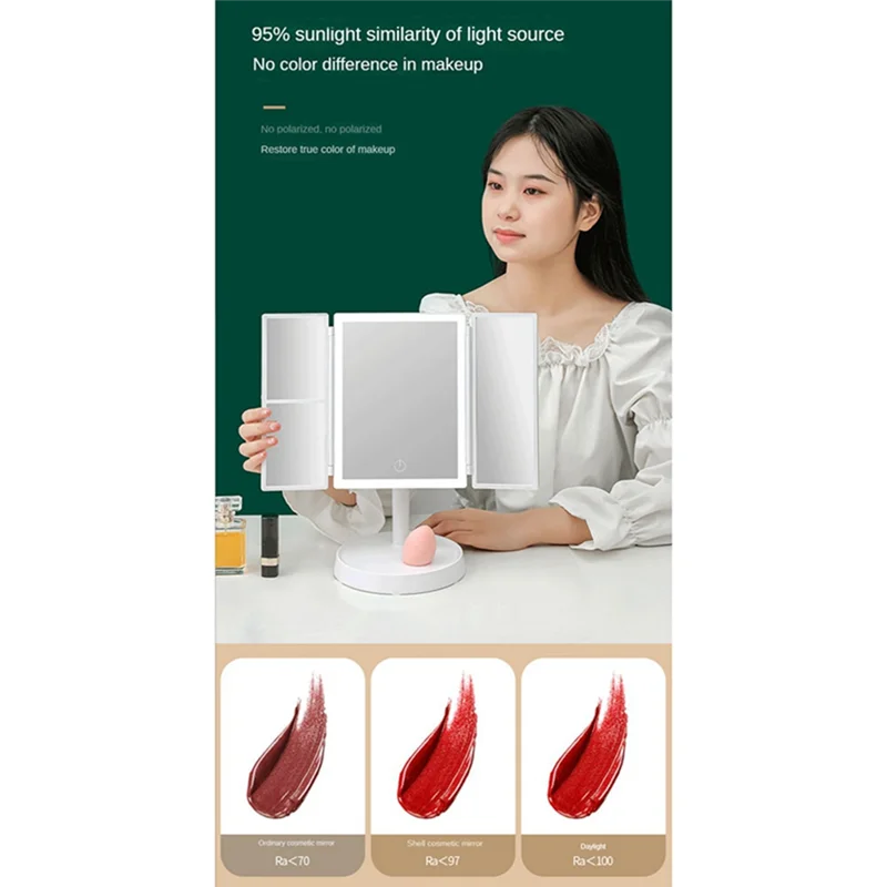 AA20-Vanity Espelho 3X Ampliação Cosmética 3 Espelhos de Maquiagem Dobráveis 270 Rotação Stepless Dimmer Espelhos de Mesa de Beleza