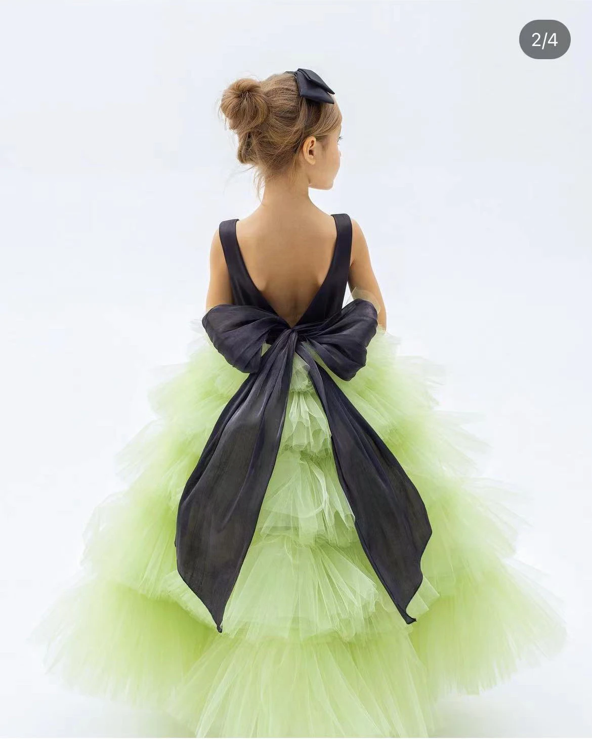 Robe de demoiselle d'honneur bouffante verte pour mariage, tulle superposé à dos en V avec nœud, anniversaire d'enfants, Rhde princesse de première communion, quel que soit