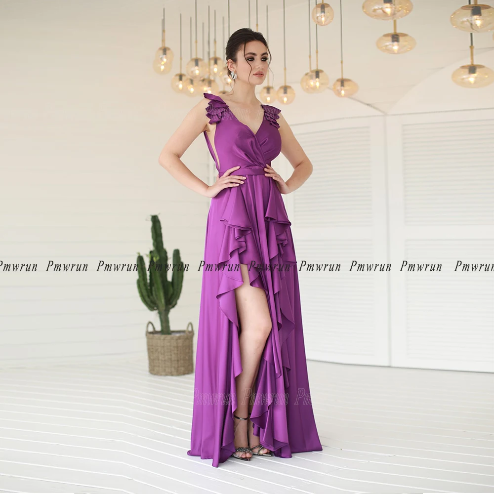 

Casual Purple Evening Dresses Ruffles Sleeveless Pleat Floor Length Ruched Beach Wedding Bridemaid Party Gown Vestido De Feista