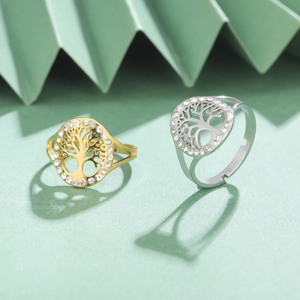 Dawapara Baum des Lebens Damen Ring Klarer Zirkon Verstellbarer Ring Yggdrasil Stammbaum Paar Schmuck Edelstahl Ehering – Detail 19