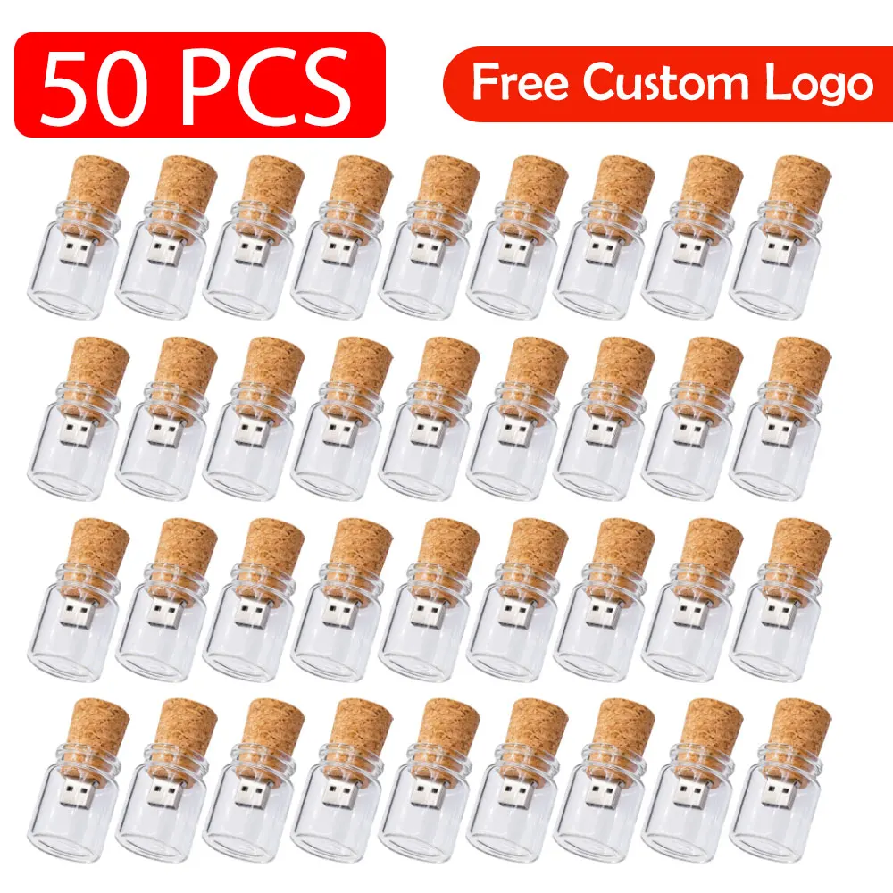 50pcs/lot USB 2.0 Glass Drift Bottle with Cork Flash Drive Stick Pendrive 8GB 16GB 32GB 64GB128GB Pen Drive Wedding Gift