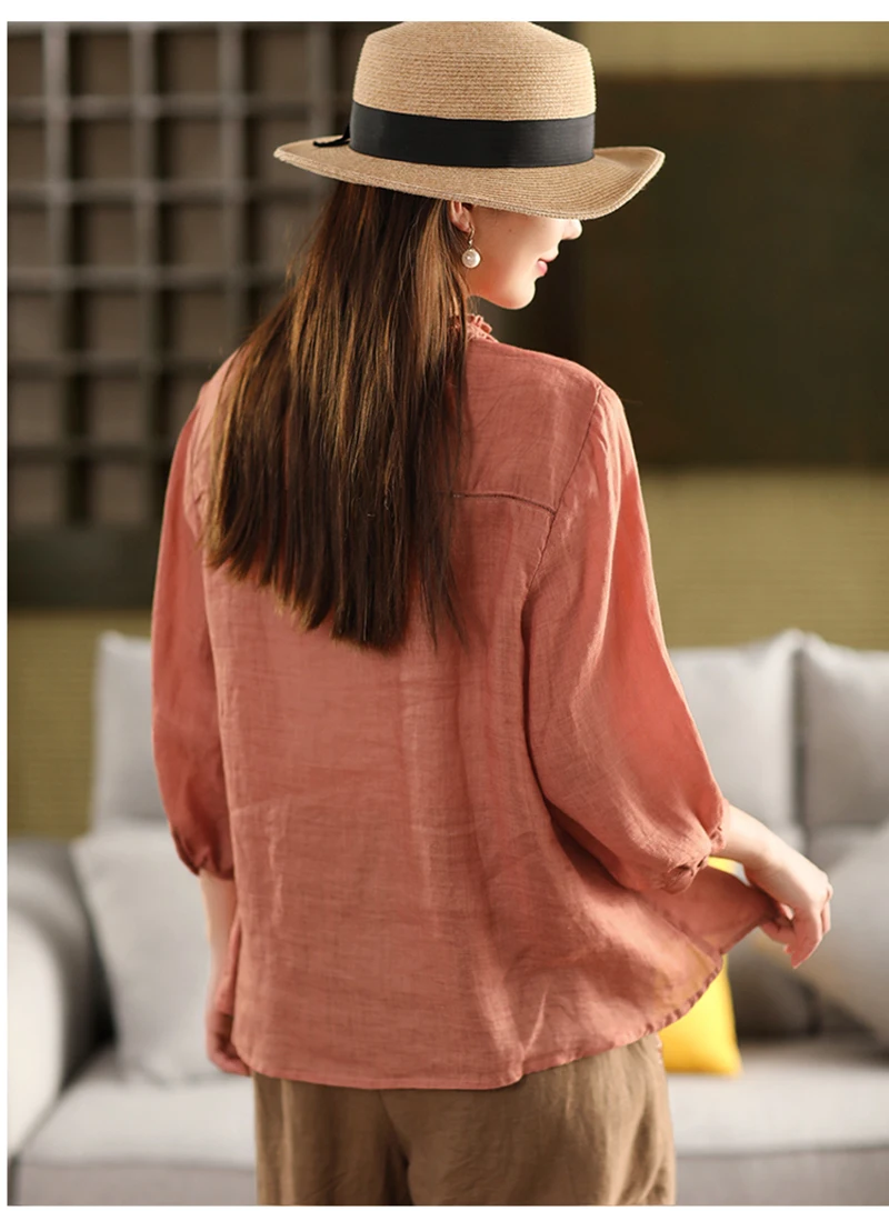 100% Natural Pure Linen Women's Shirt, Light Blue Black Ear Collar Lace-up Top, Elegant Women's Business Casual Spring Summer