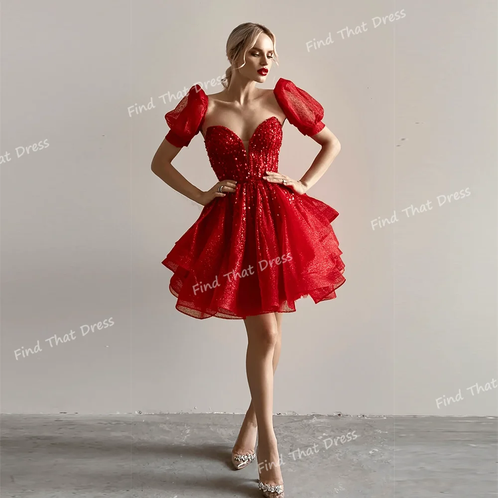 

Custom Mde Princess Sweetheart Collar Pleated Beading Sequins Shiny Short Mini Puff Lace up Back Short Puff Sleeve Prom Dress