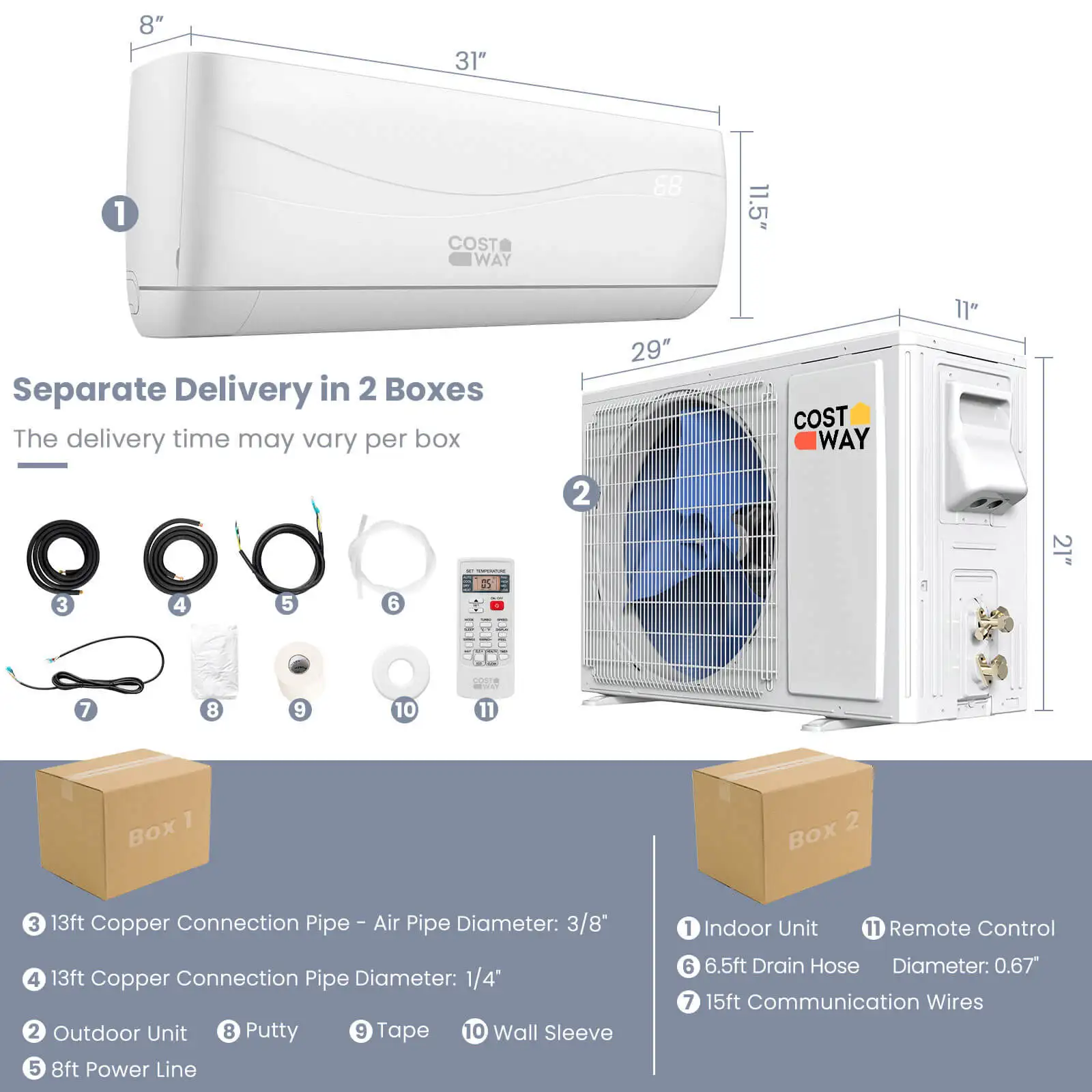 12000 BTU Mini aire acondicionado dividido y calentador sin conductos 17 SEER2 750 Sq Pies