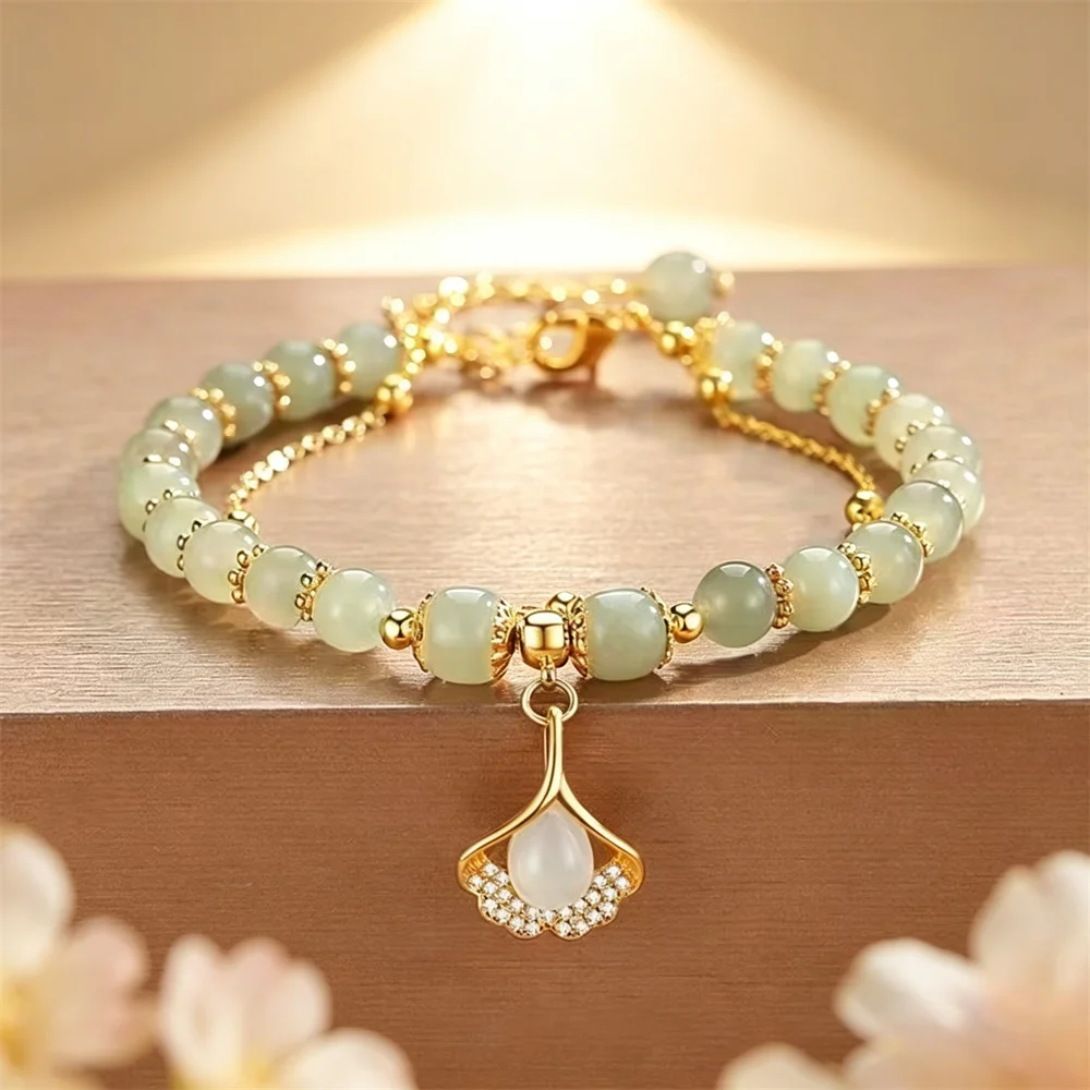 Natural Hetian Three Lifetimes Have Apricots Meet You Double Apricot Leaf Bracelet Exquisite Charm Luxury Fashion Jewelry