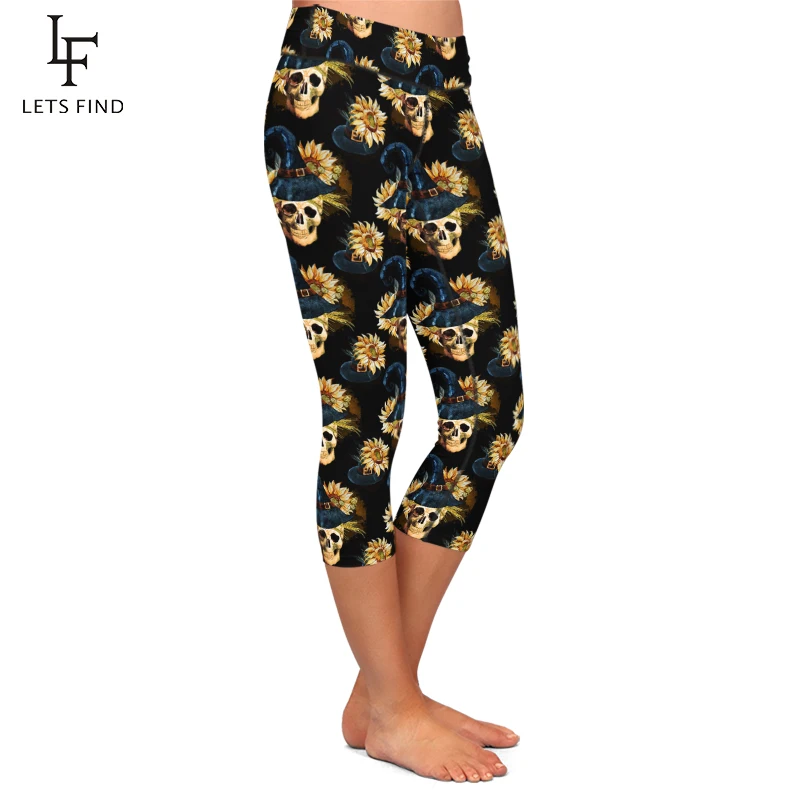 LETSFIND estate Sexy teschio e fiori seta latte stampa digitale pantaloni a vita alta donna nero Fitness Capri Leggings