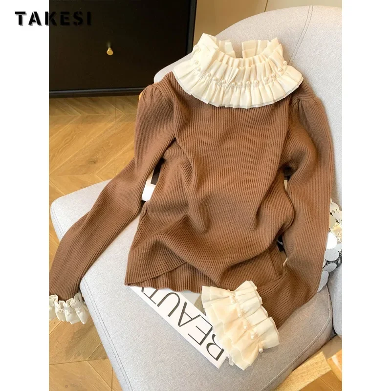 

Women's Vintage Knitting Long Sleeve Casual Round Neck Pullovers 2023 Winter Fashion Patchwork Female Elegant Warm Sweater