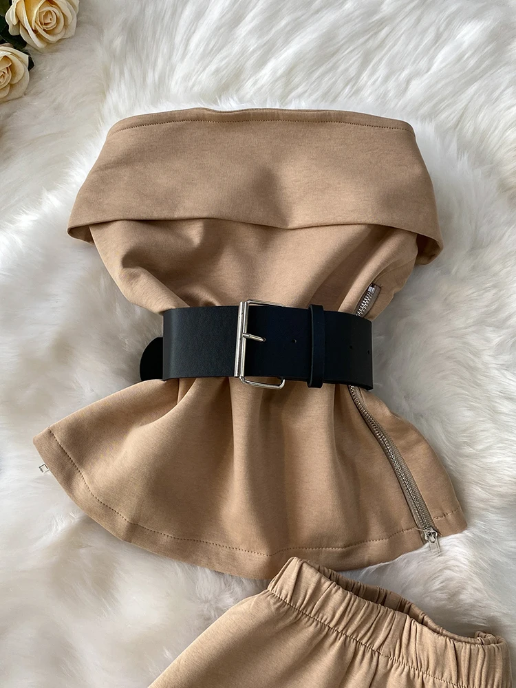 Off shoulder strapless vest design side zipper waist cinched top and high waisted flared pants set temperament two-piece set
