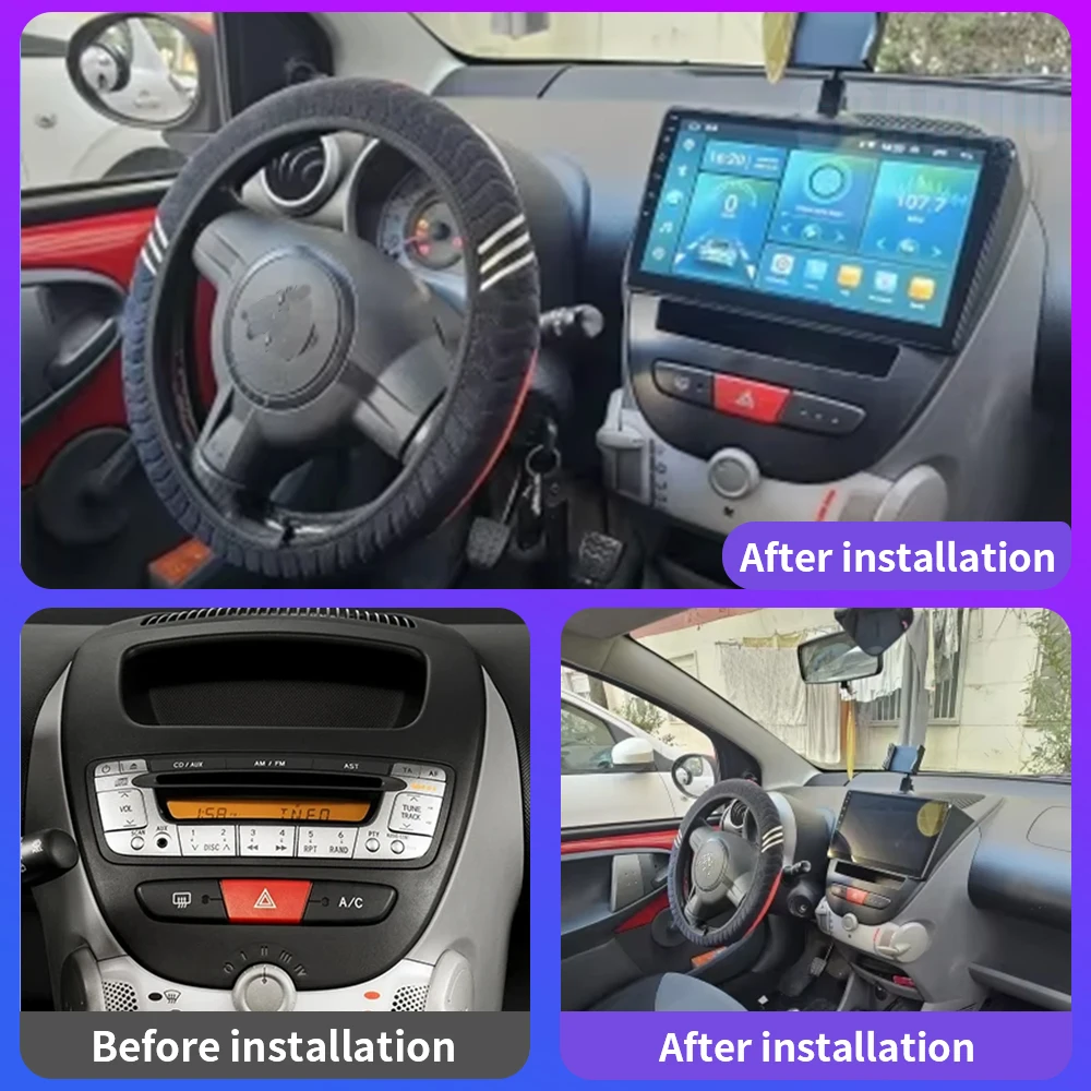 Autoradio Android 13, navigation GPS, BT, WiFi, lecteur stéréo, unité centrale, 2 DIN, pour voiture KIT 107, Toyota Aygo, Cristaux, C1 (2005-2014)