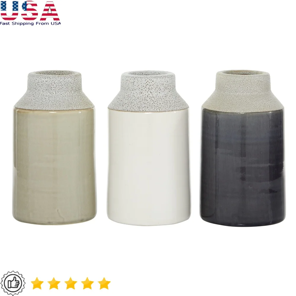 Ensemble de 3 Vases en céramique, décoration d'intérieur, col conique, finition brillante, Accent cylindrique texturé, 5 "x 8", décoration de la maison