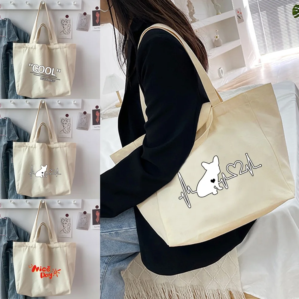 Women's Shoulder Shopping Organizer Bags 2025 Canvas Food Printed Shopper Handbag Reusable Large Capacity Casual Tote Bags