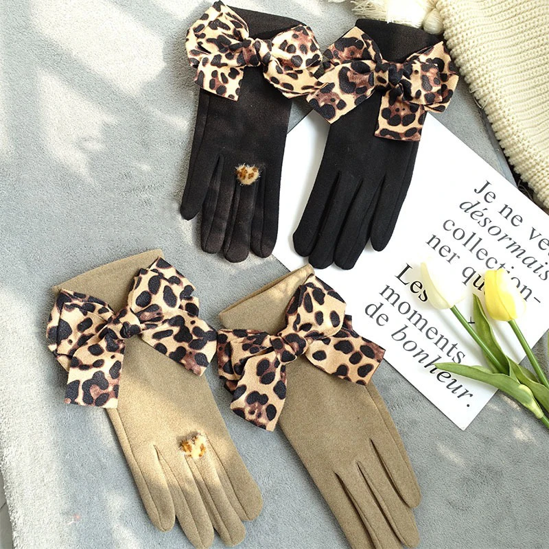 Women Gloves Autumn Winter Plush Lining Touch Screen Black Khaki Gloves with Big Bowknot Leopard Print Ribbon Female Gift