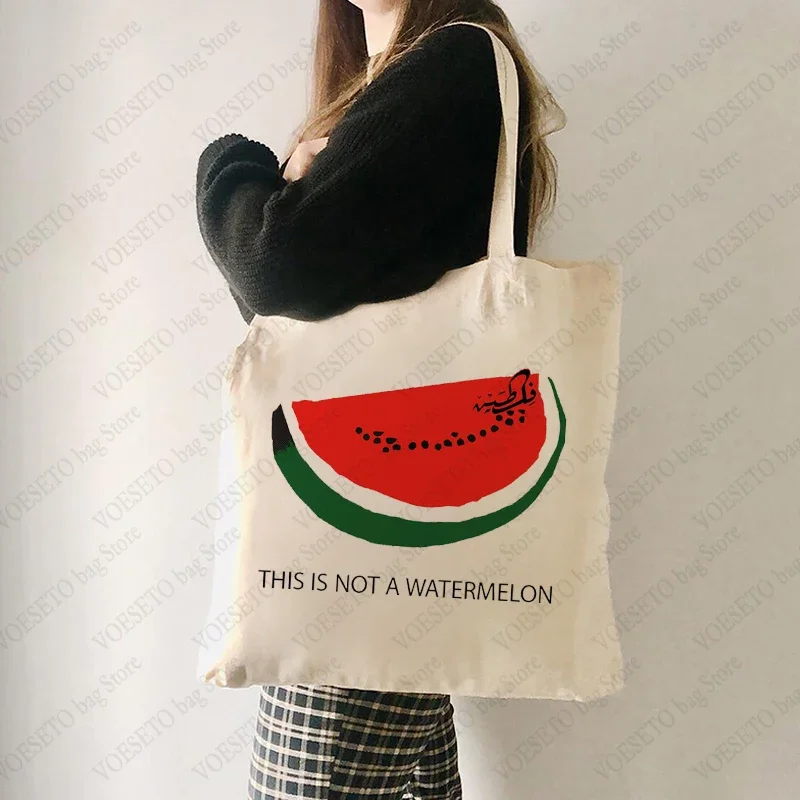 This Is Not A Watermelon Pattern Tote Bag Canvas Shoulder Bags for Against War Women\'s Reusable Shopping Bag Best Gift for Peace