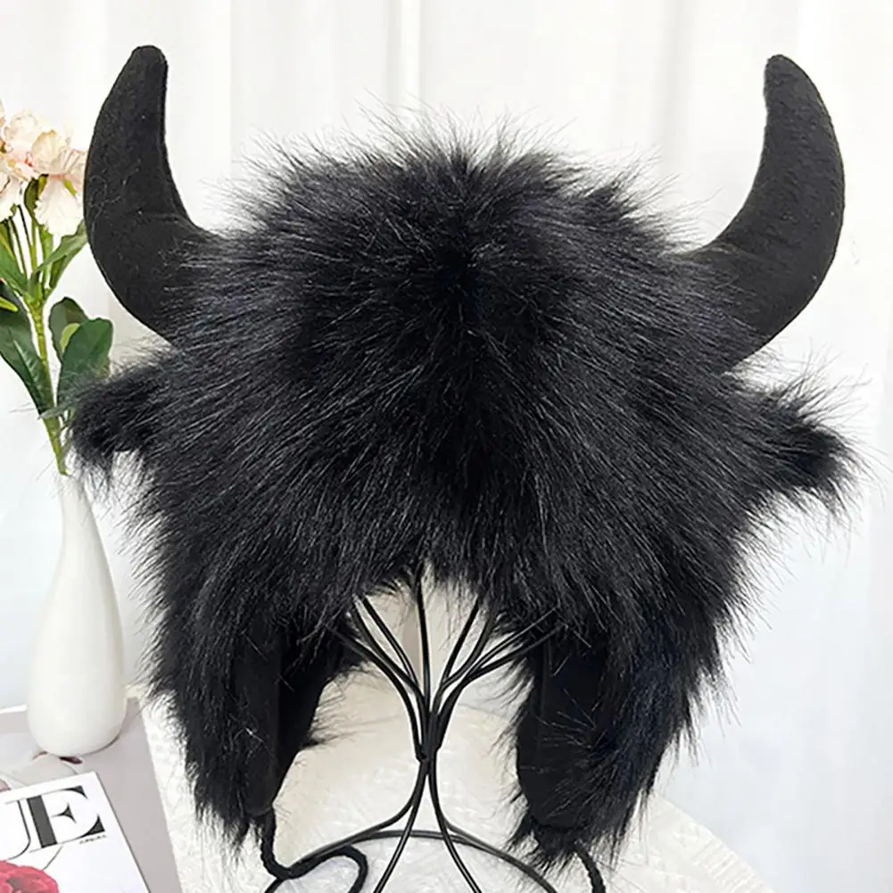 Personality Winter Cap Funny Big Cow Horn Hat Thick Warm Faux Fur Ear Thunderbolt Cap Windproof Women Men Cap Hat