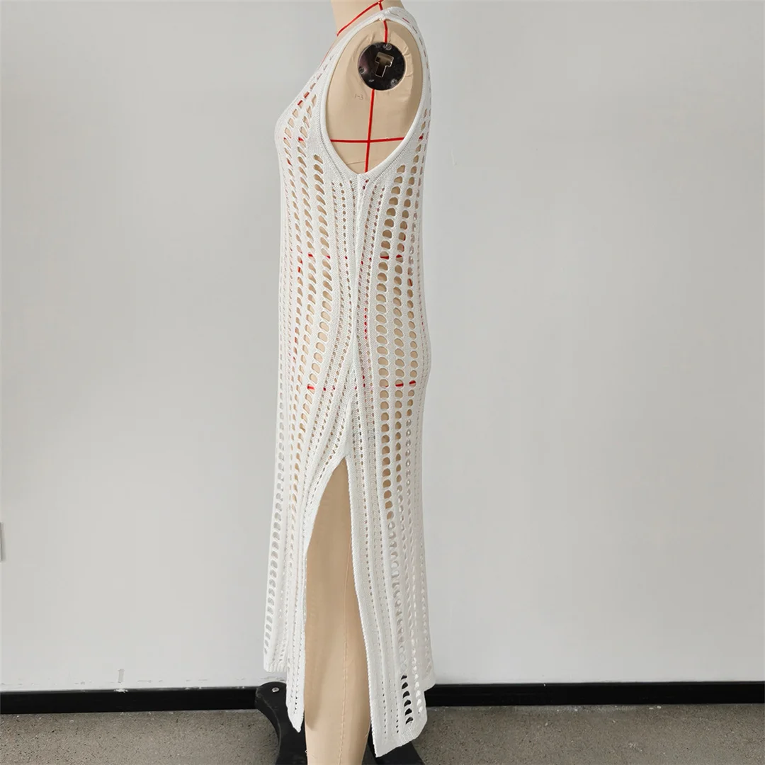 Ärmelloses, einfarbiges, gehäkeltes, gestricktes Tunika-Strandkleid, Strandkleid, Strandmode, Damenmode, K8582 – Detail 8