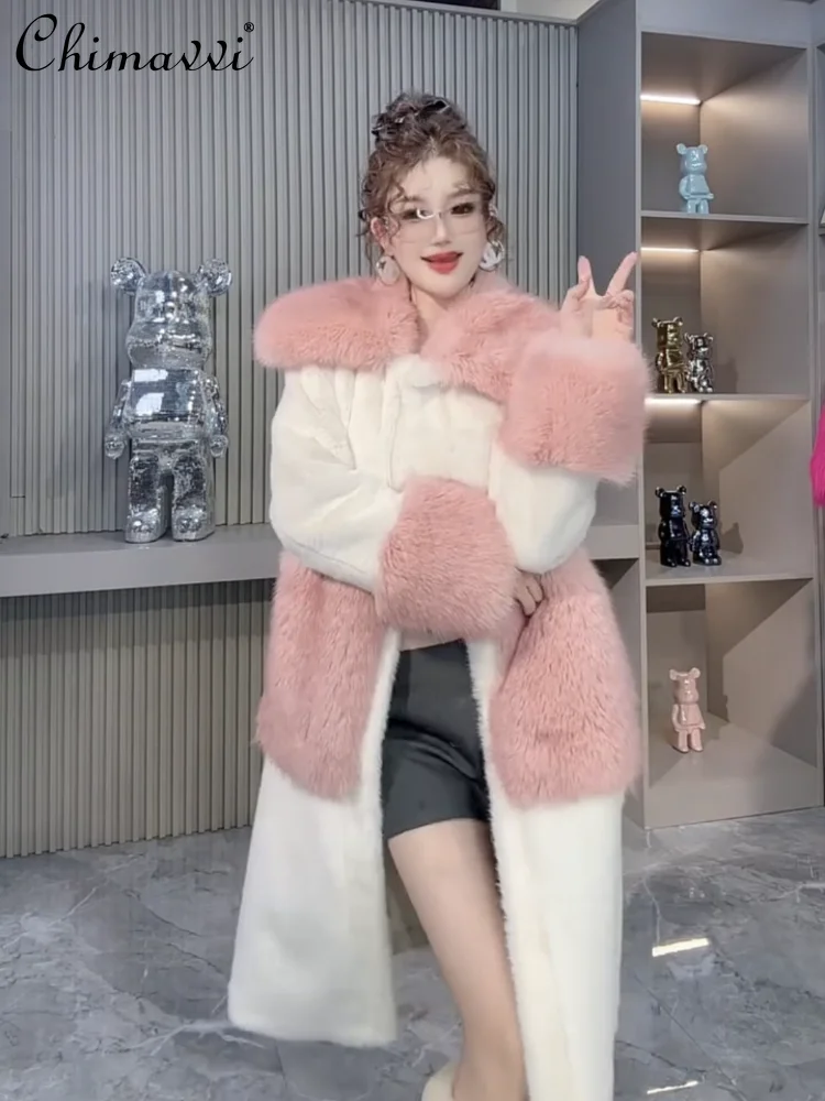 Nowe zimowe ubrania 2025, gruby płaszcz z futra dla kobiet, luksusowy płaszcz średniej długości z kołnierzem z sztucznego futra lisa, długi rękaw, luźny, elegancki, ciepły.