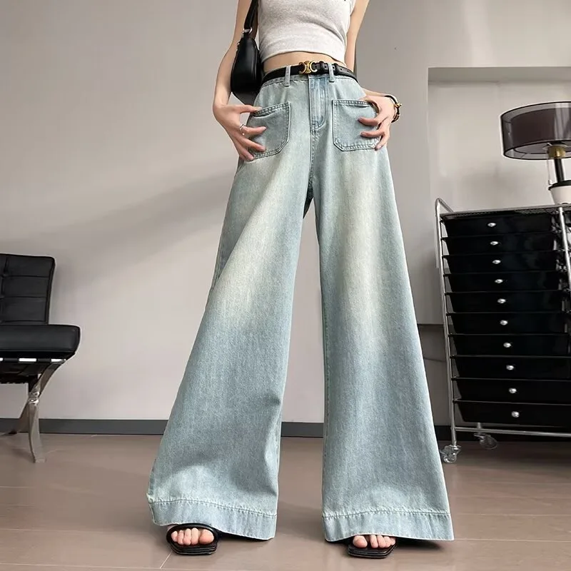 Fashionable Light Colored Wide Leg Jeans for Women's Summer New High Waisted Elastic Loose Hanging Straight Leg Floor Pants