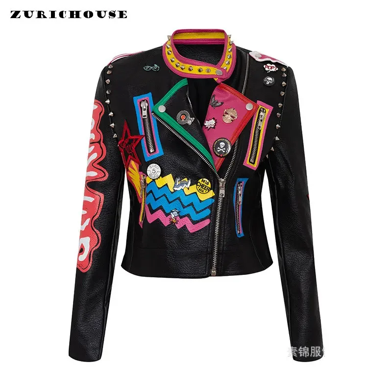 Contrast Graffiti Print Motorcycle Jacket for Women 2024 New Streetwear Slim Stand Collar Cropped Faux Leather Jacket XXXL