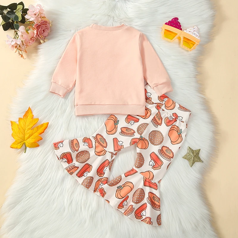 

2Pcs Toddler Baby Girl Thanksgiving Outfit Thick Thighs Pumpkin Pies Letters Print Sweatshirt Tops Flare Pants Set