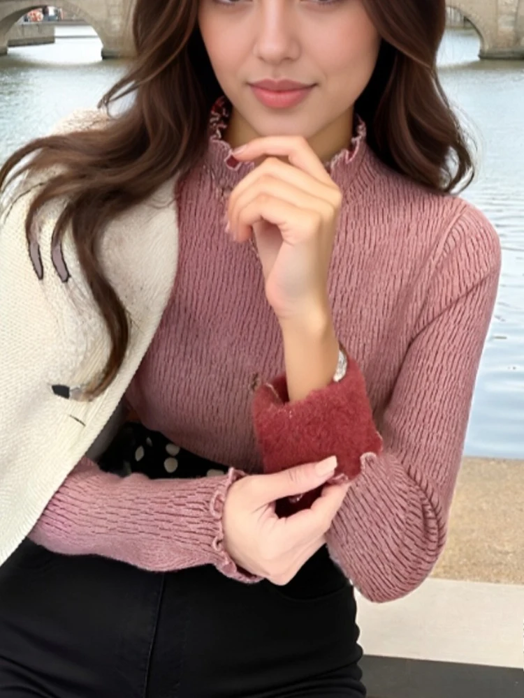 

Autumn Casual Long Sleeve Solid Ruffles Knitted Top Fashion Winter Mock Neck Warm Pullover Sweater Elegant Office Lady Knitwear