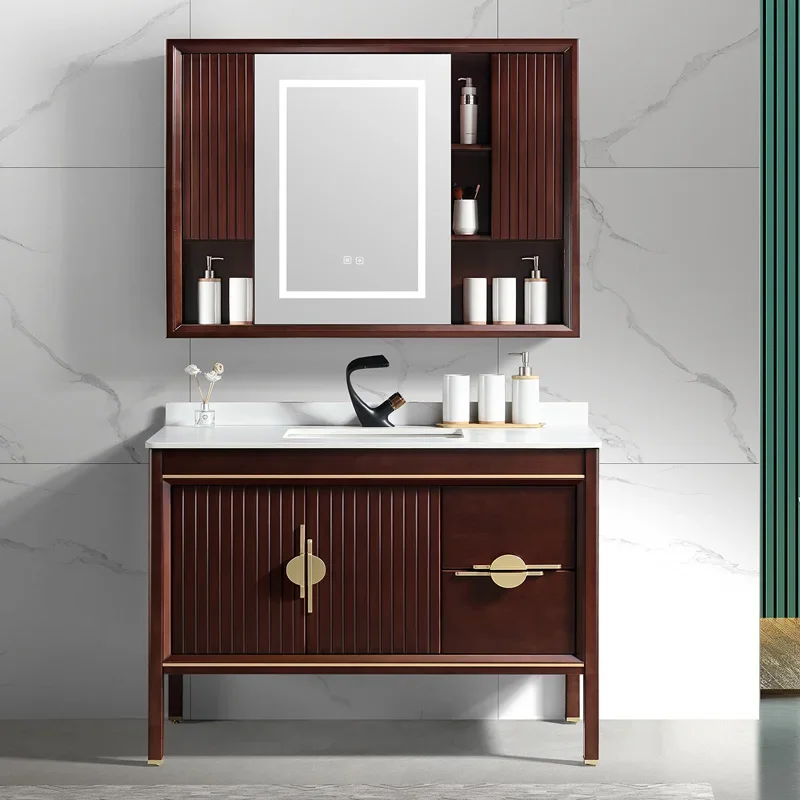 New Chinese oak solid wood bathroom cabinet smart mirror hand wash basin combination rock slab countertop