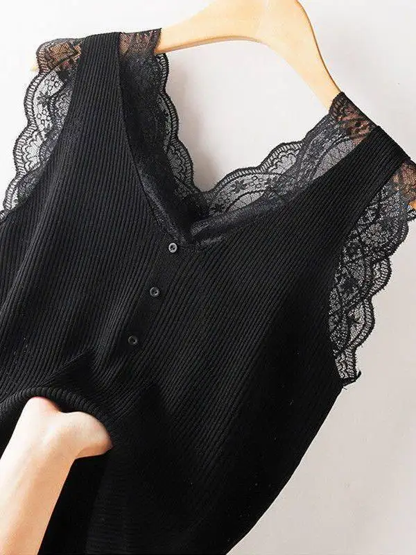 Fashionable Lace Insert Camisole Tank Top Women's Inner Wear Base Knitted Shirt Summer 2026 Elastic Close-Fitting V-Neck Soli...
