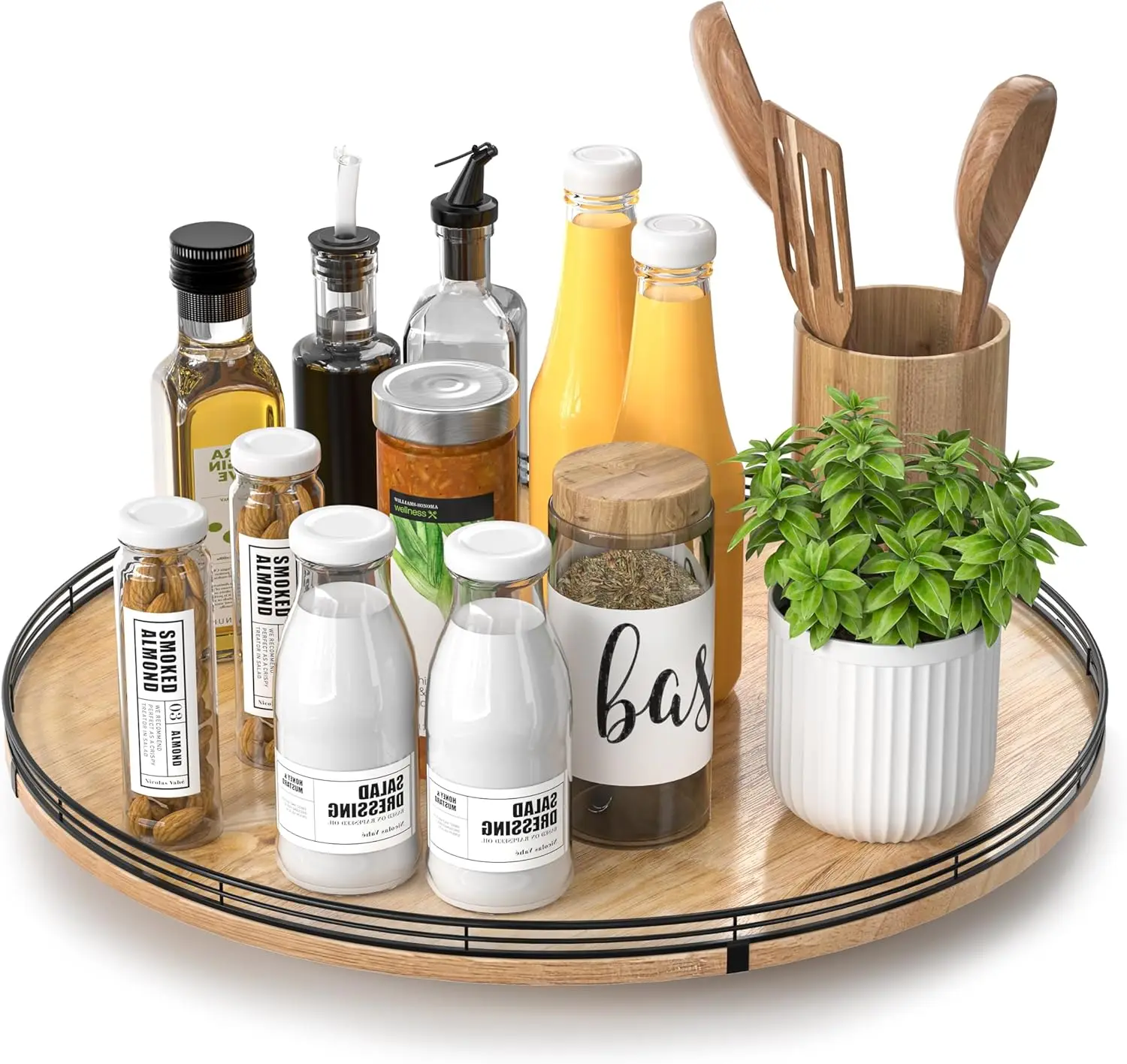 

18" Oak Wood Turntable Organizer for Cabinet, Farmhouse Round Large Lazy Susan Storage for Kitchen, Pantry, Home Decor