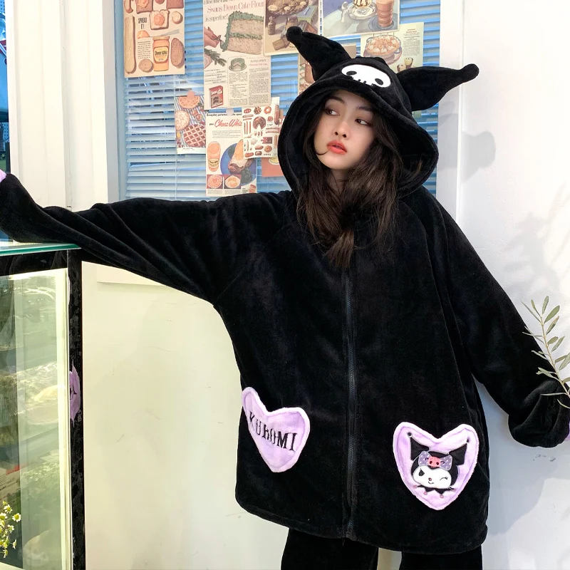 Miniso Halloween Style New Sanrio Kuromi Women\'s Black Homewear Two Piece Set Kawaii\'s Flannel Long Sleeve Pajama Set Gift