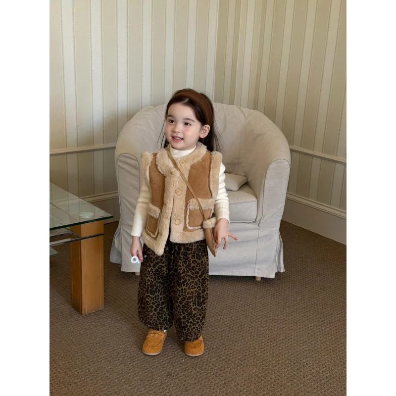 

Girls' Children's Outfit2025Winter Wool Vest Sweater Fleece Pants Warm Girls Thickened Wool Vest