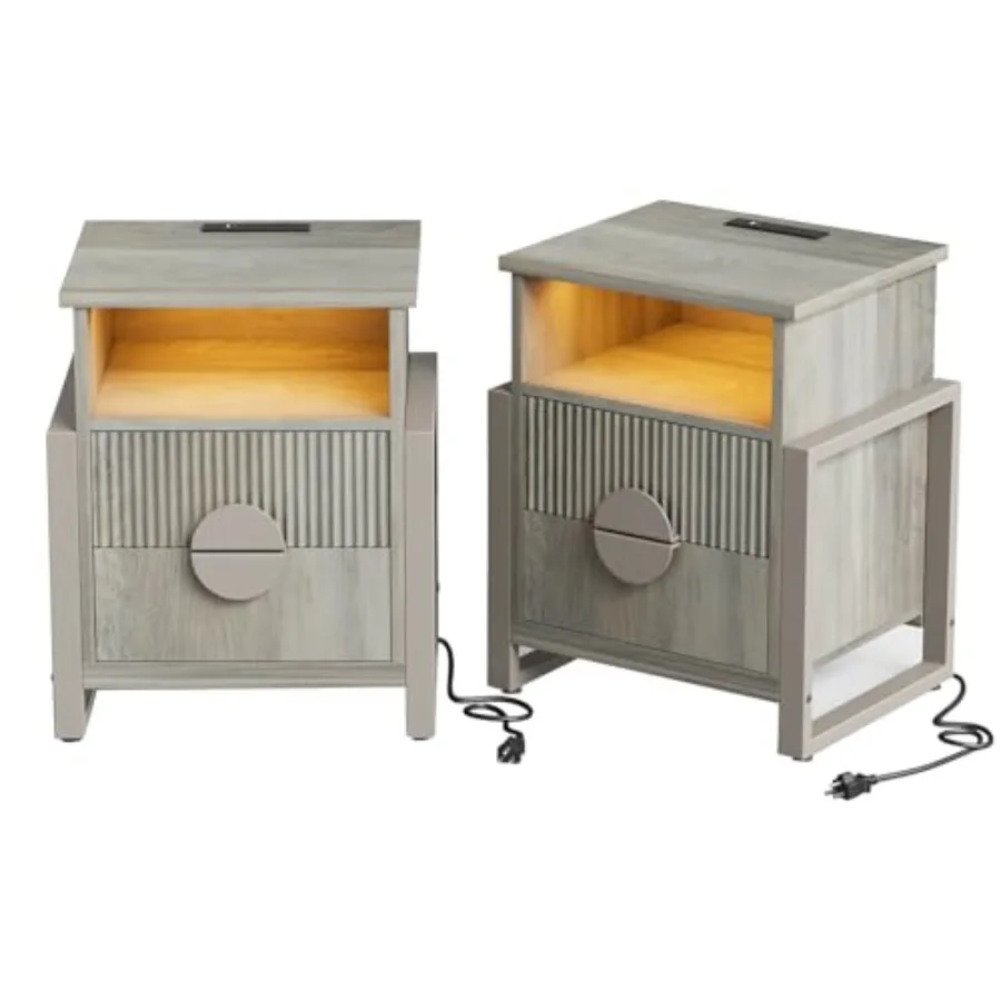 Set of 2 Fluted Nightstand with Charger Station Strip Lights20.47 W Night Stand with 2 Drawers Large Accent Bedside Table and E