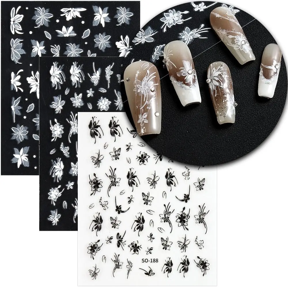 3D チャームネイルアートステッカー花びらシンプルな黒、白の花のウェディングデザイン粘着スライダーデカールネイルデコレーション