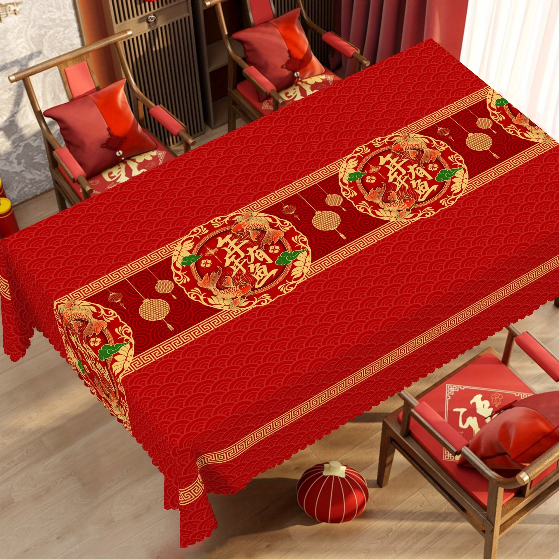 Chinese Lunar New Year Waterproof Tablecloth Table Decor Reusable Spring Festival Kitchen Dining Tablecloth New Year Decorations