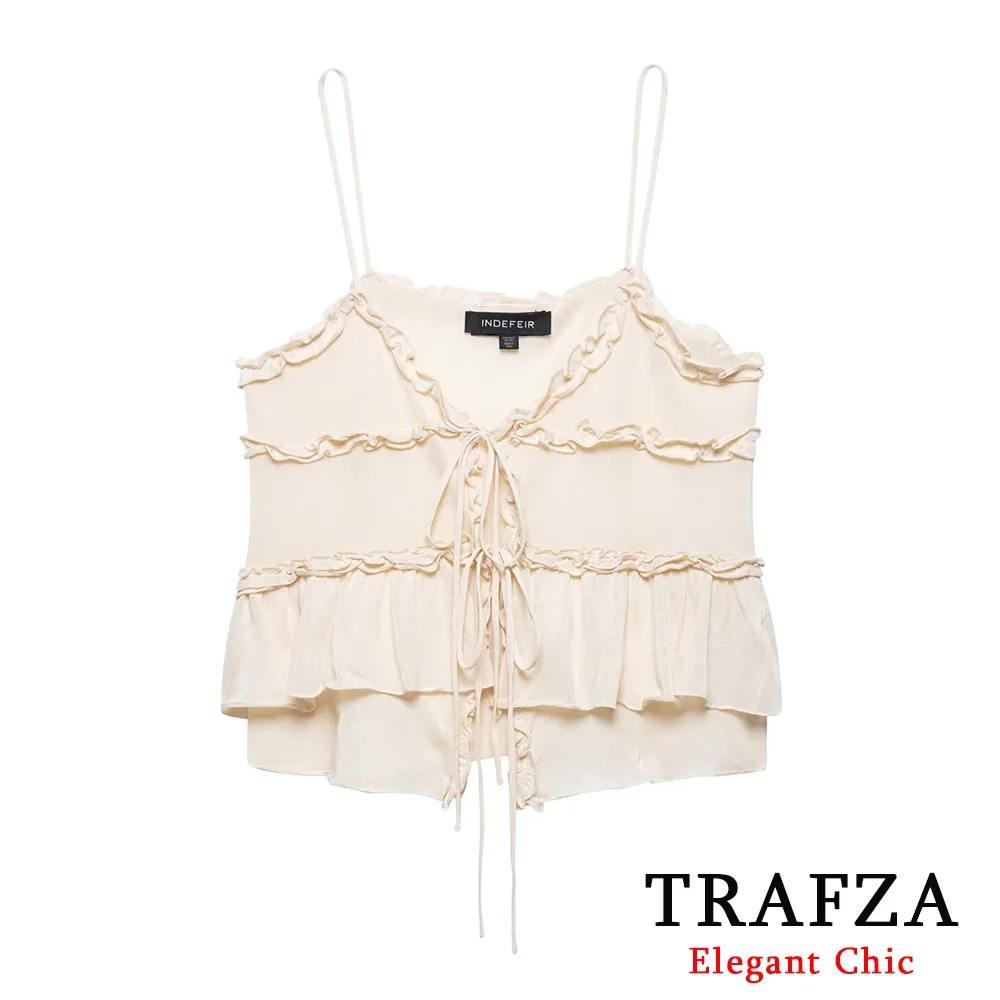 

KONDALA Women Sexy Strappy Tops V-Neck Lace-up Ruffle Lace Backless Tops New 2025 Summer Fashion Vintage Party Date Chic Tops