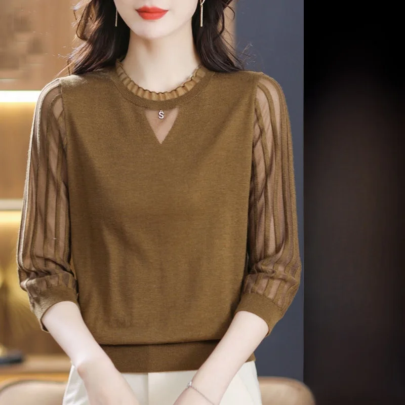 

Женская модная свободная шифоновая блузка больших размеров, скрывающая живот, с эффектом похудения, с круглым вырезом, цельная.