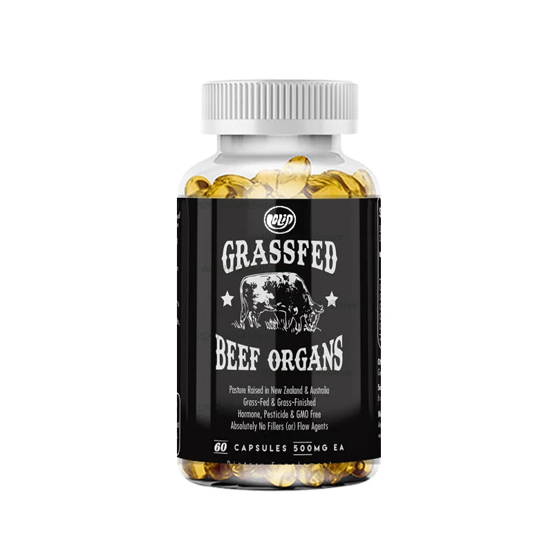 Grass fed beef organ supplement, containing liver, heart, kidney, pancreas, crispy, freeze-dried beef, non GMO, 60 capsules