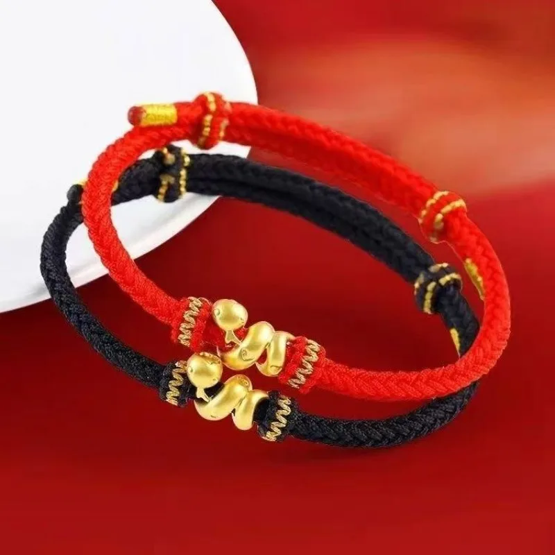 Cartoon Golden Twisted Snake Zodiac Year Couple Bracelets Red Rope Animal Adjustable Handchain for Women Men Birthday Gift